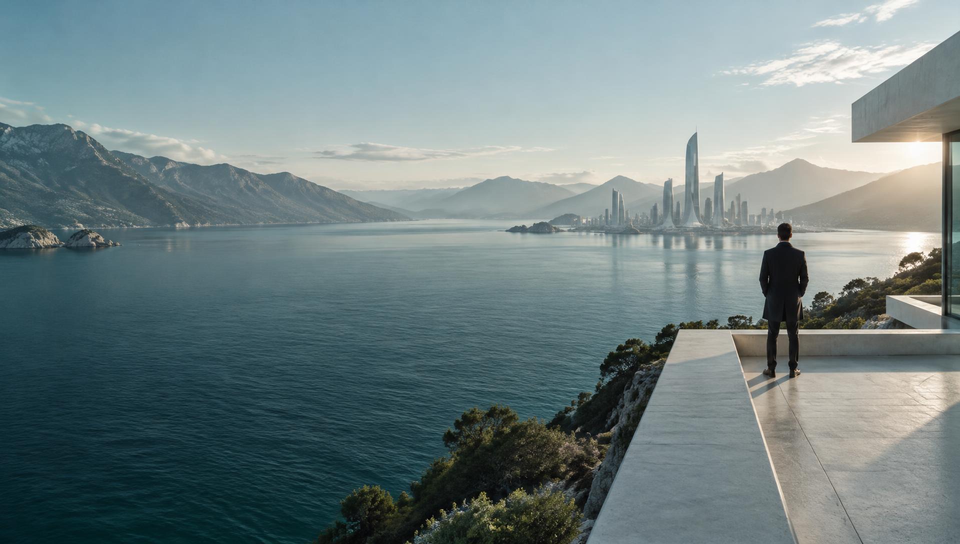 A person looking across a vast bay toward a future city on the horizon.